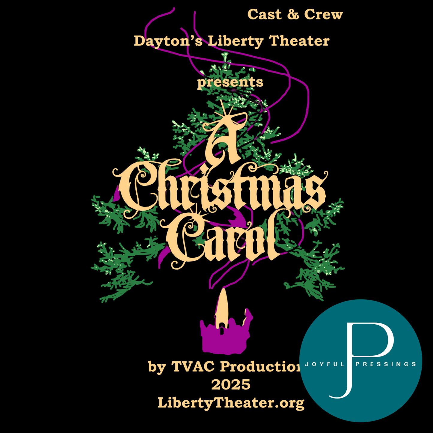 A Christmas Carol 2025 cast and crew Direct to Film transfer print featuring gold lettering, festive greenery, purple ribbon accents, and a purple candle design.