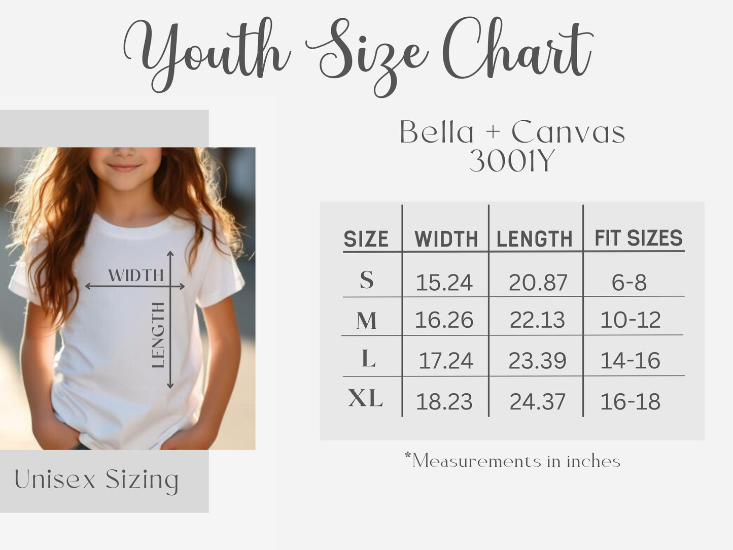 Youth size chart for Bella + Canvas 3001Y t-shirt with a child wearing a white t-shirt.