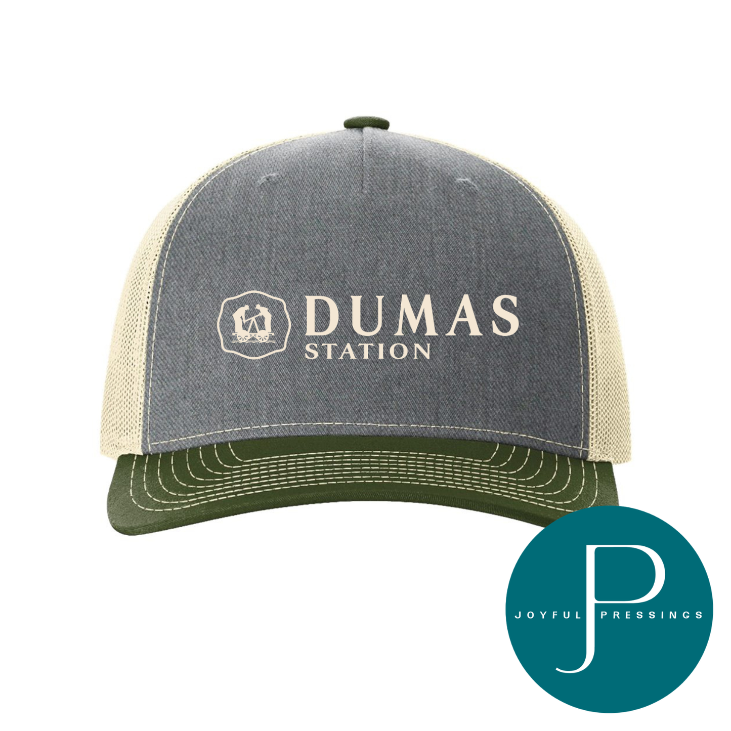 Trucker hat with 'Dumas Station' logo on a grey/birch/olive, featuring the Joyful Pressings logo.