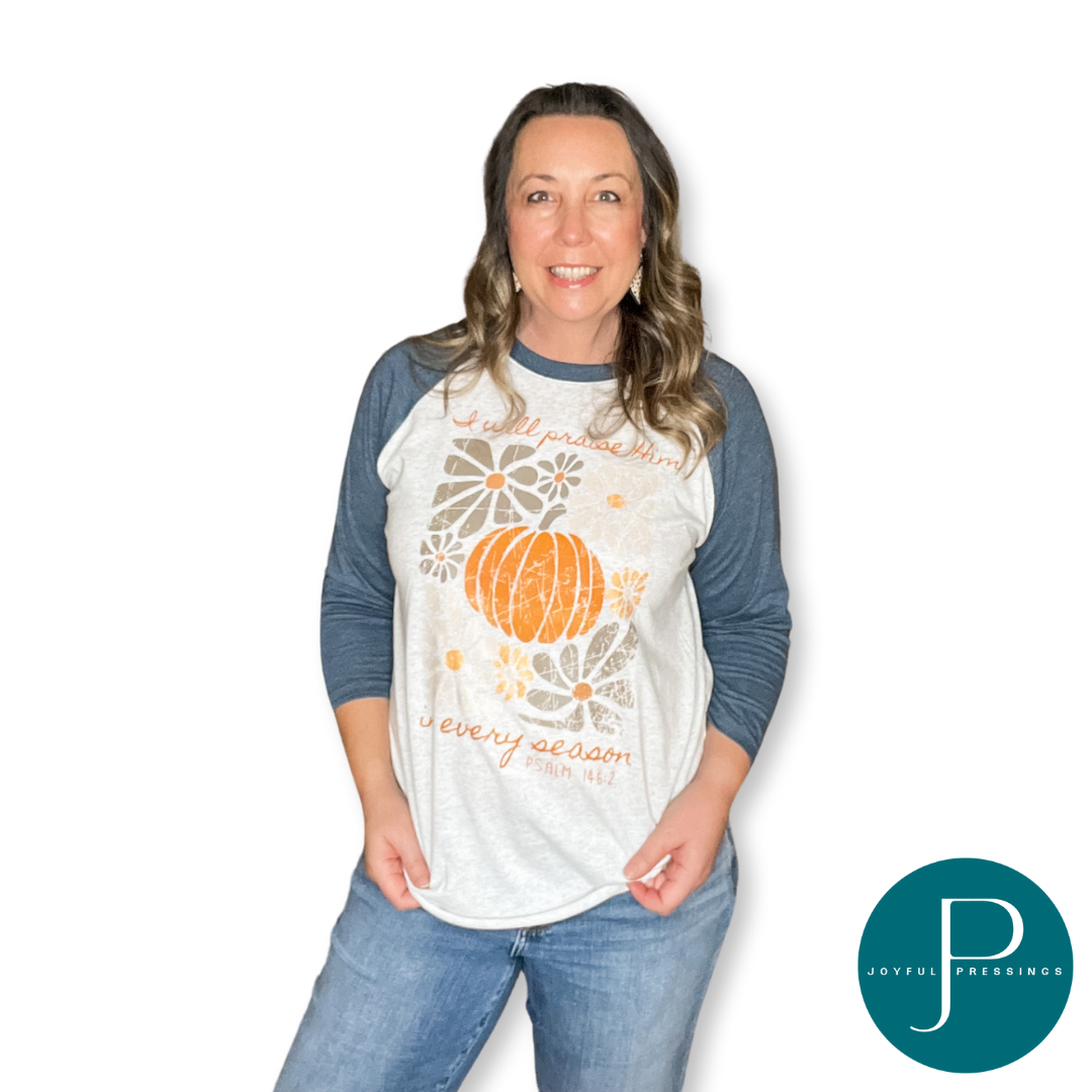 Model wearing I will praise Him raglan tee.