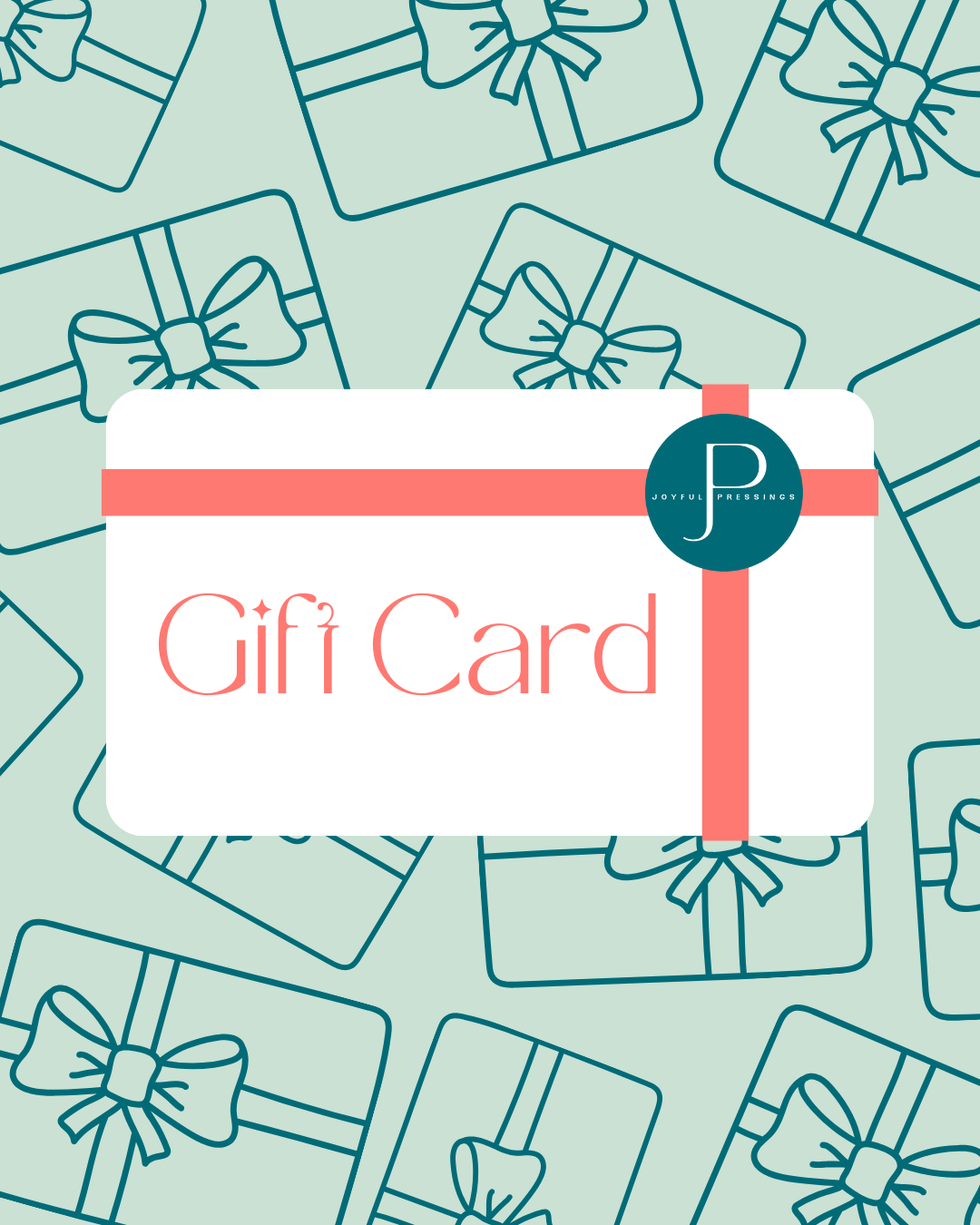 Gift card design with a pattern of gift boxes and bows on a light blue background