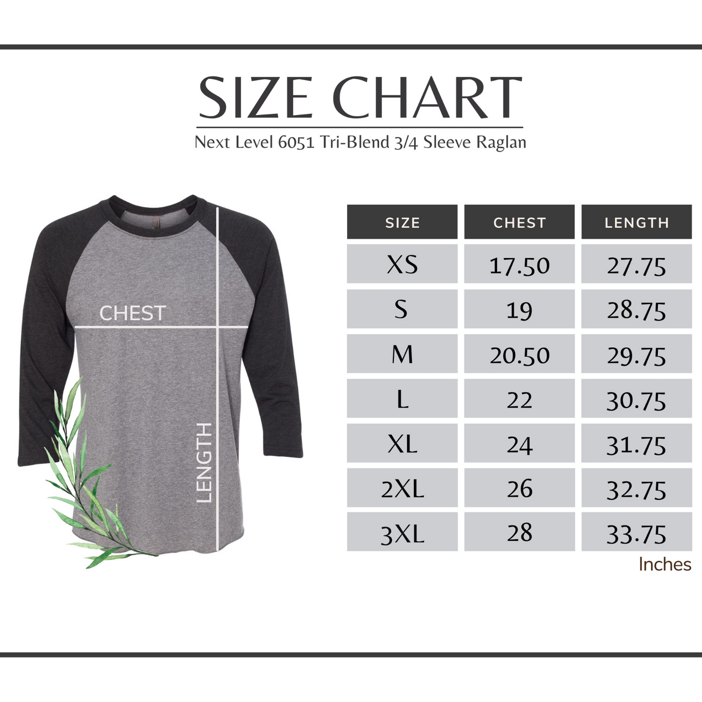 Size chart for Next Level 6051 Tri-Blend 3/4 Sleeve Raglan tee.