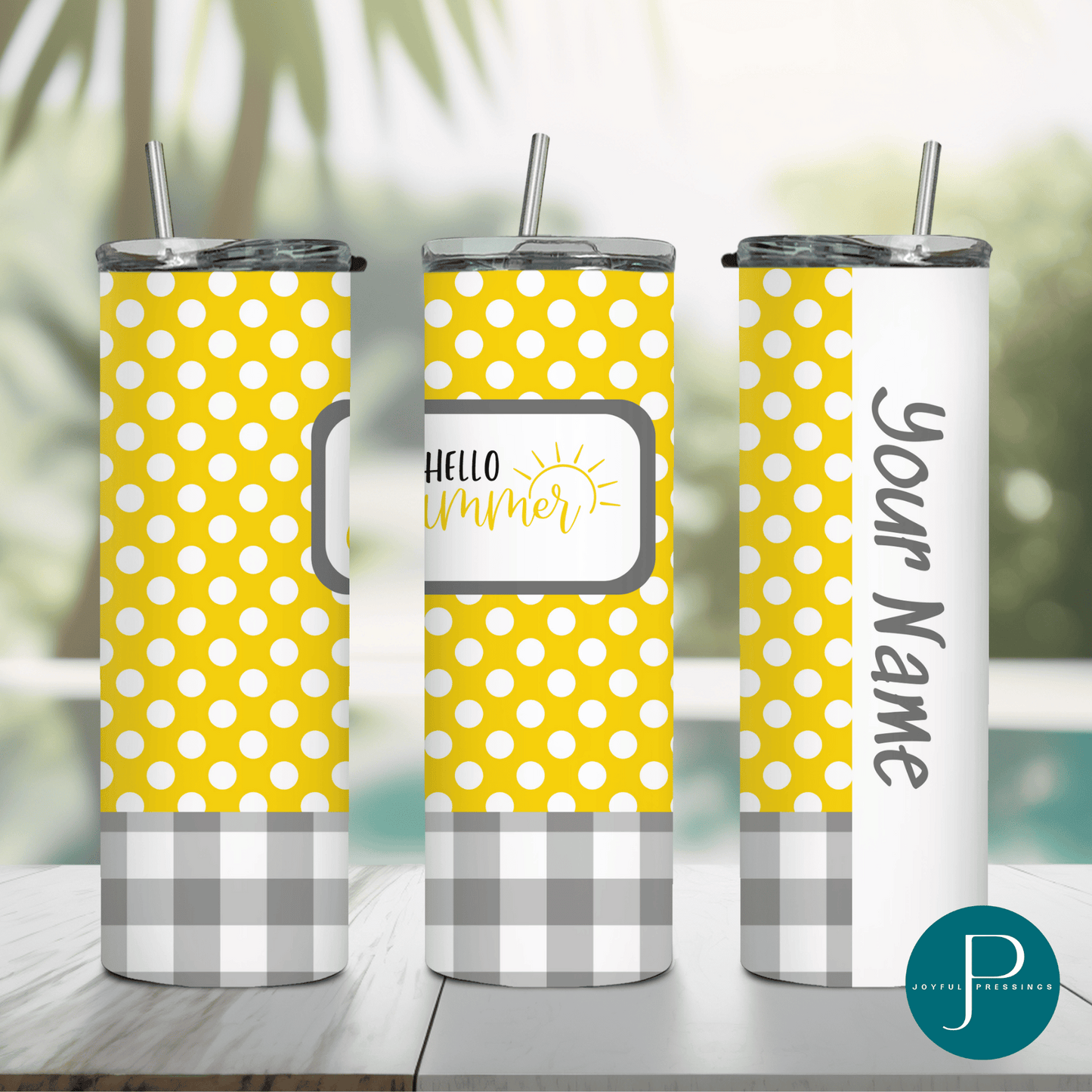 mockup of "Hello Summer" tumbler personalized
