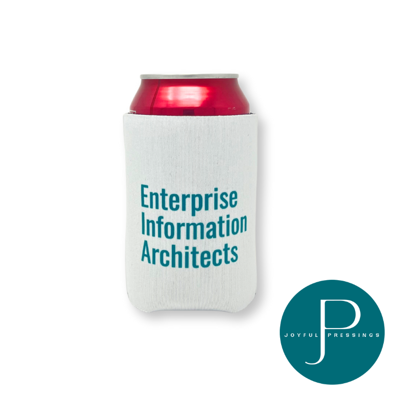 White can cooler with 'Enterprise Information Architects' text and a red can on a white background, featuring the Joyful Pressings logo.