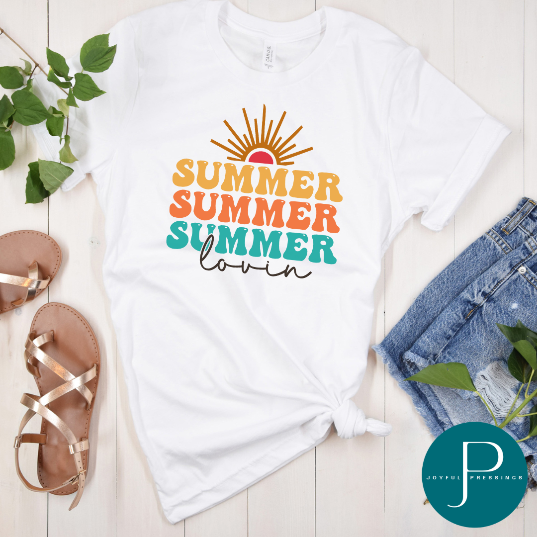 Yellow, orange, and teal Summer Lovin on a white tee.
