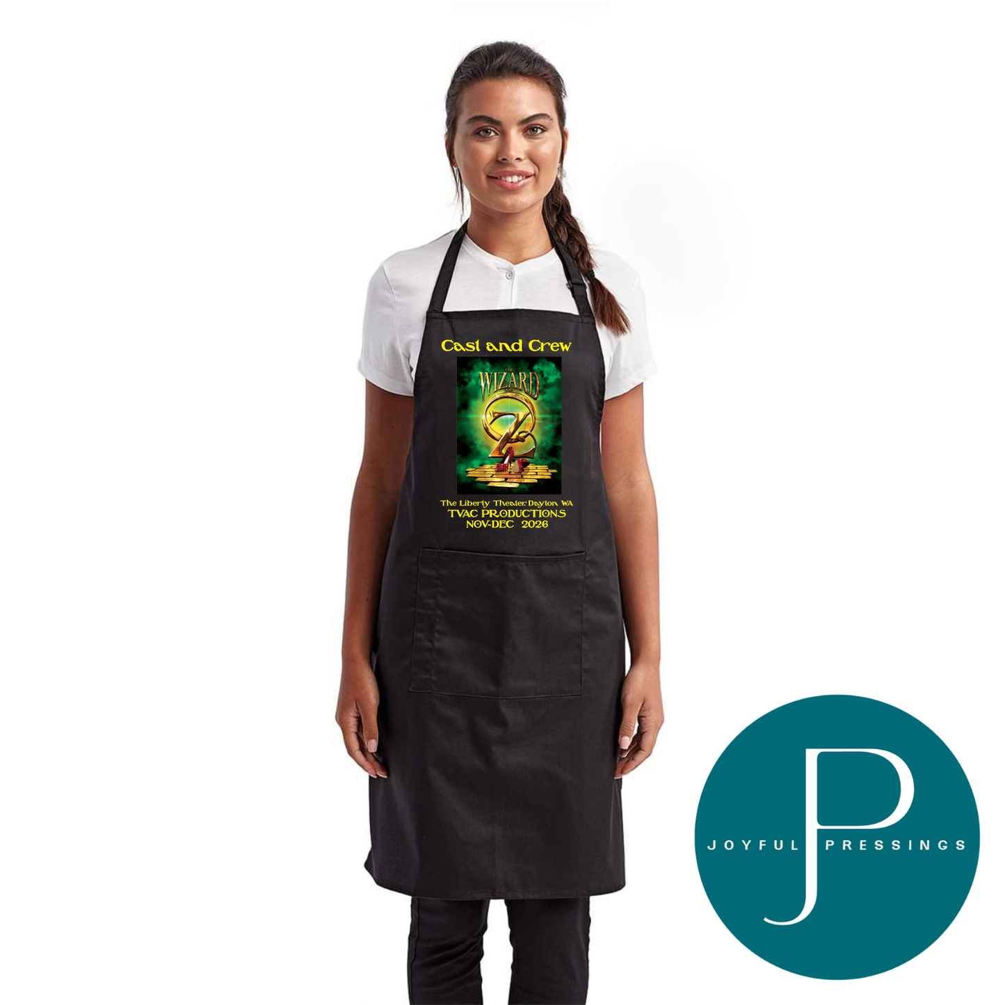 Black apron with the wizard of oz print for the cast and crew.