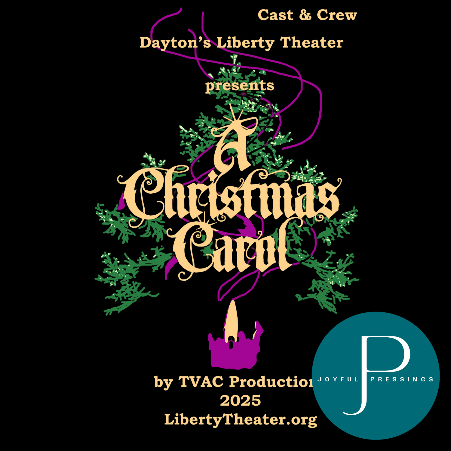 A Christmas Carol 2025 cast and crew Direct to Film transfer print featuring gold lettering, festive greenery, purple ribbon accents, and a purple candle design.