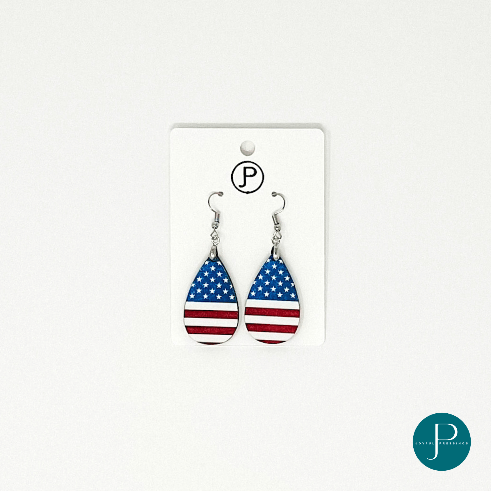 American Flag Teardrop earrings on product card.