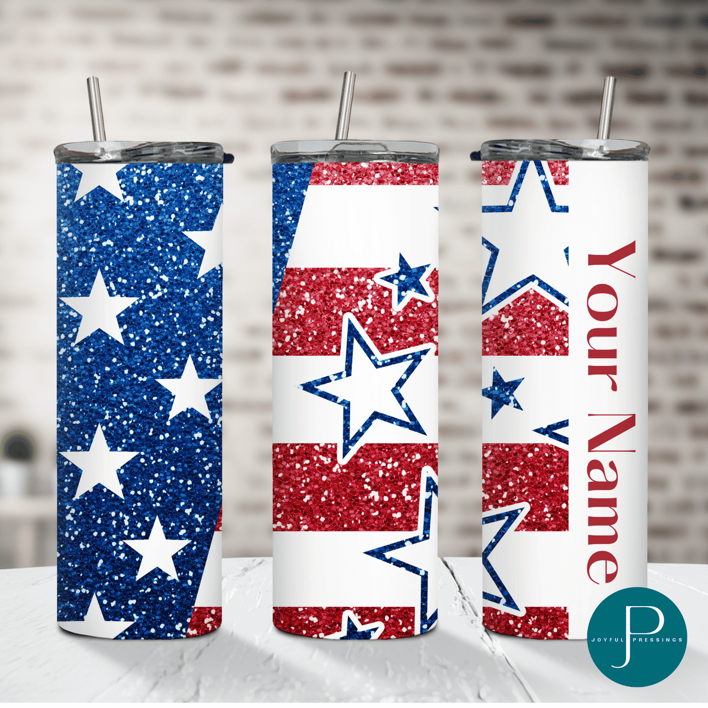 mockup of American Flag tumbler with "your name printed on the side"