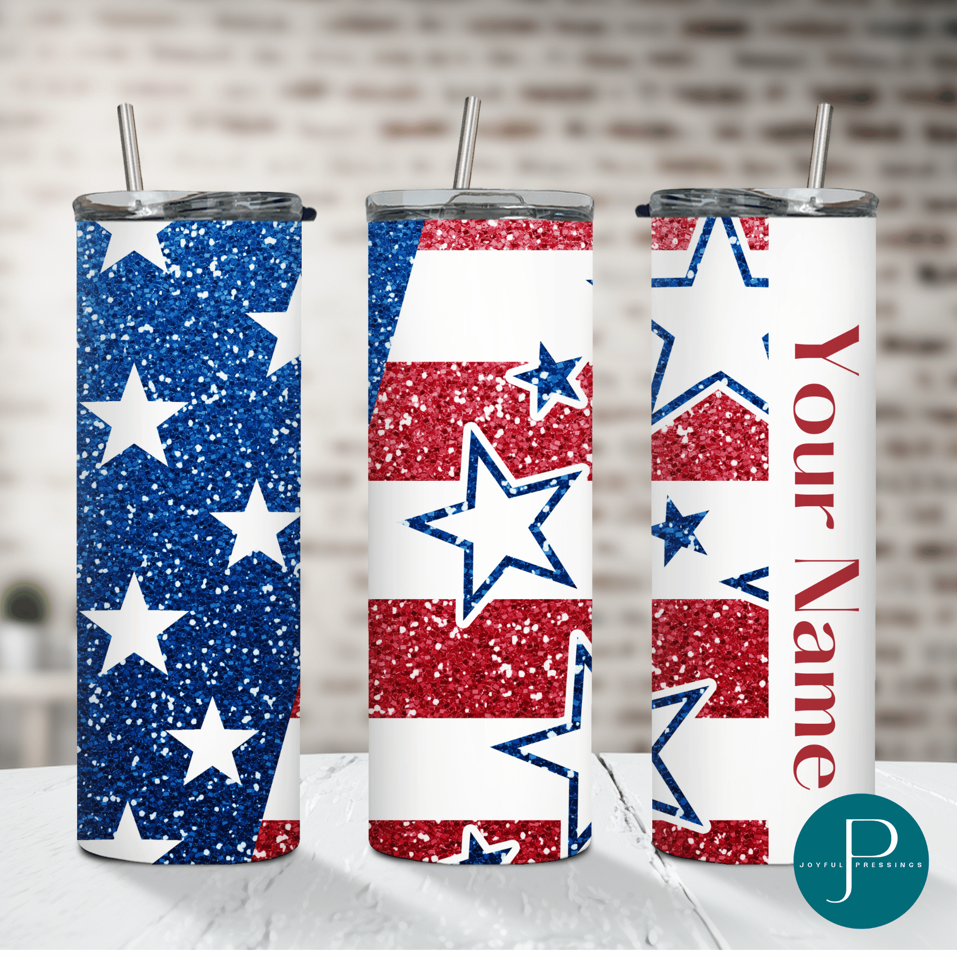 mockup of American Flag tumbler with "your name printed on the side"