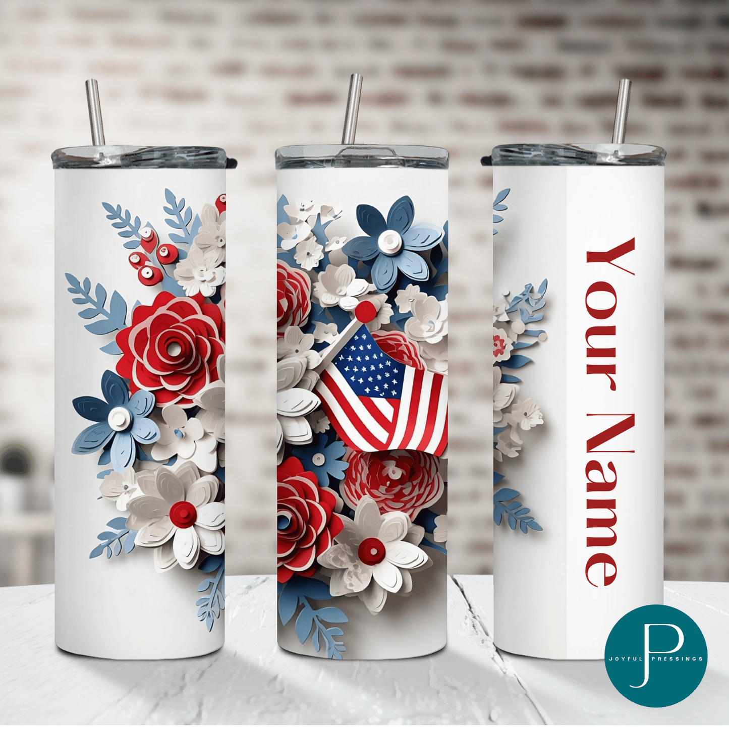 mockup of the american floral tumbler with name.