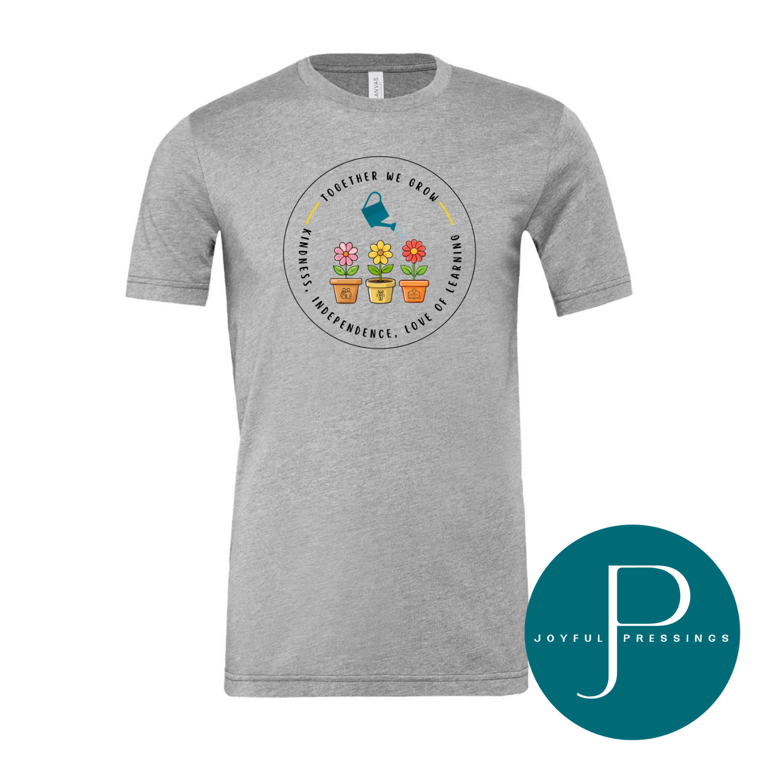 Gray t-shirt with a graphic design of flowers and text on a white background, featuring the brand 'Joyful Pressings'.