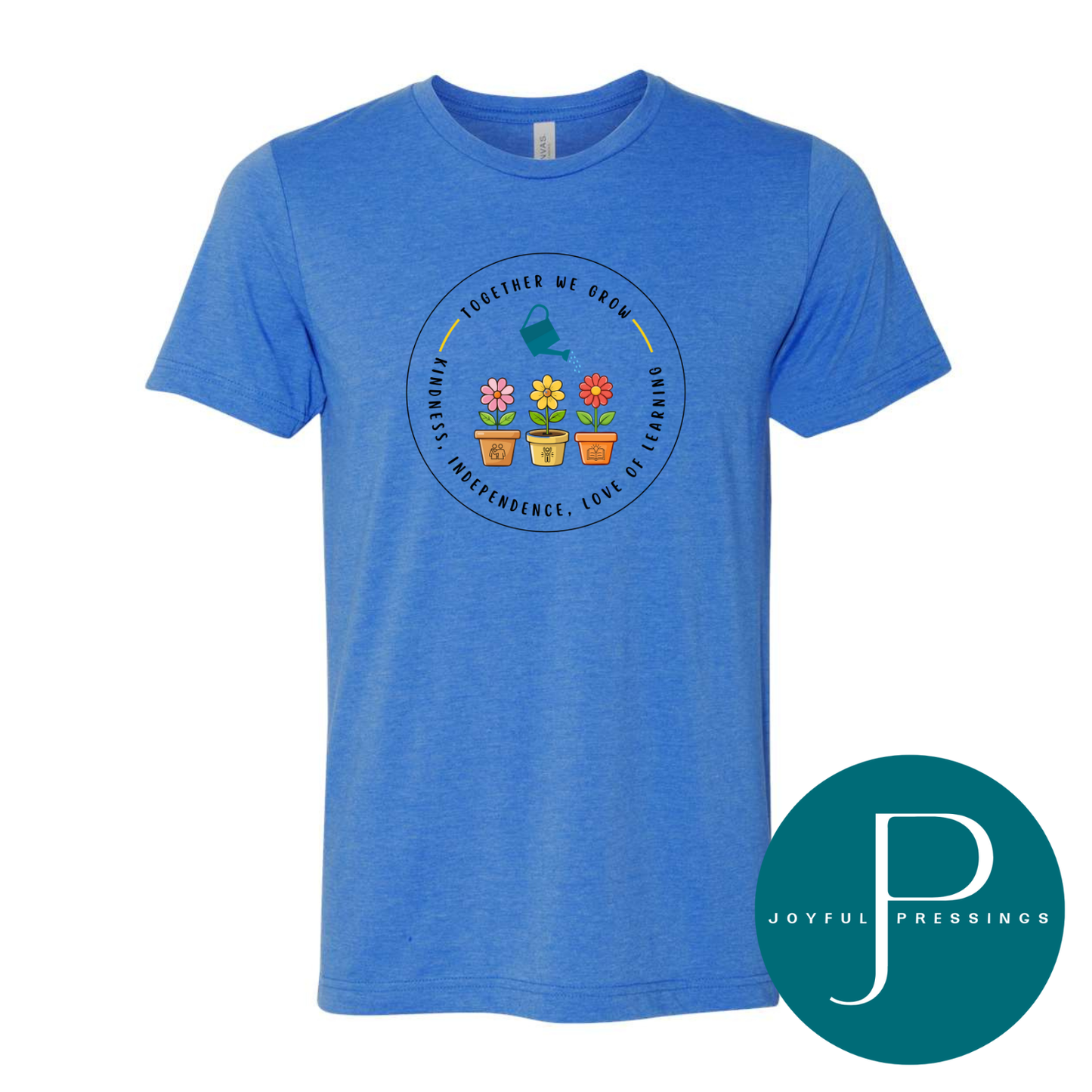 Blue t-shirt with a graphic design and 'Joyful Pressings' logo on a white background