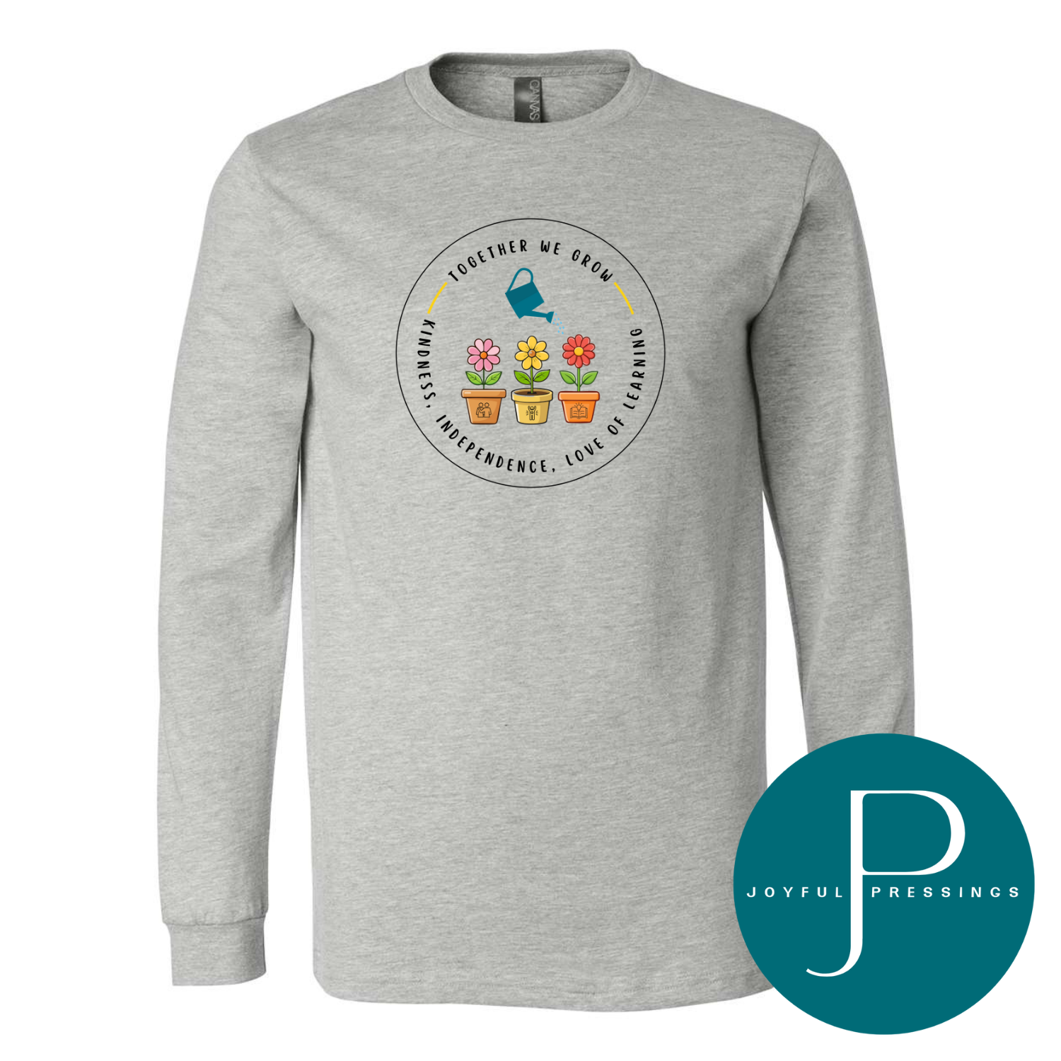 Gray long-sleeve shirt with a graphic design and 'Joyful Pressings' logo on a white background