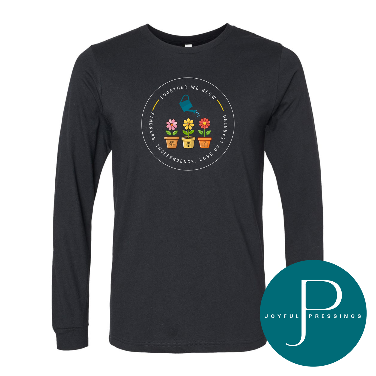 Black long-sleeve shirt with a graphic design and 'Joyful Pressings' logo on a white background
