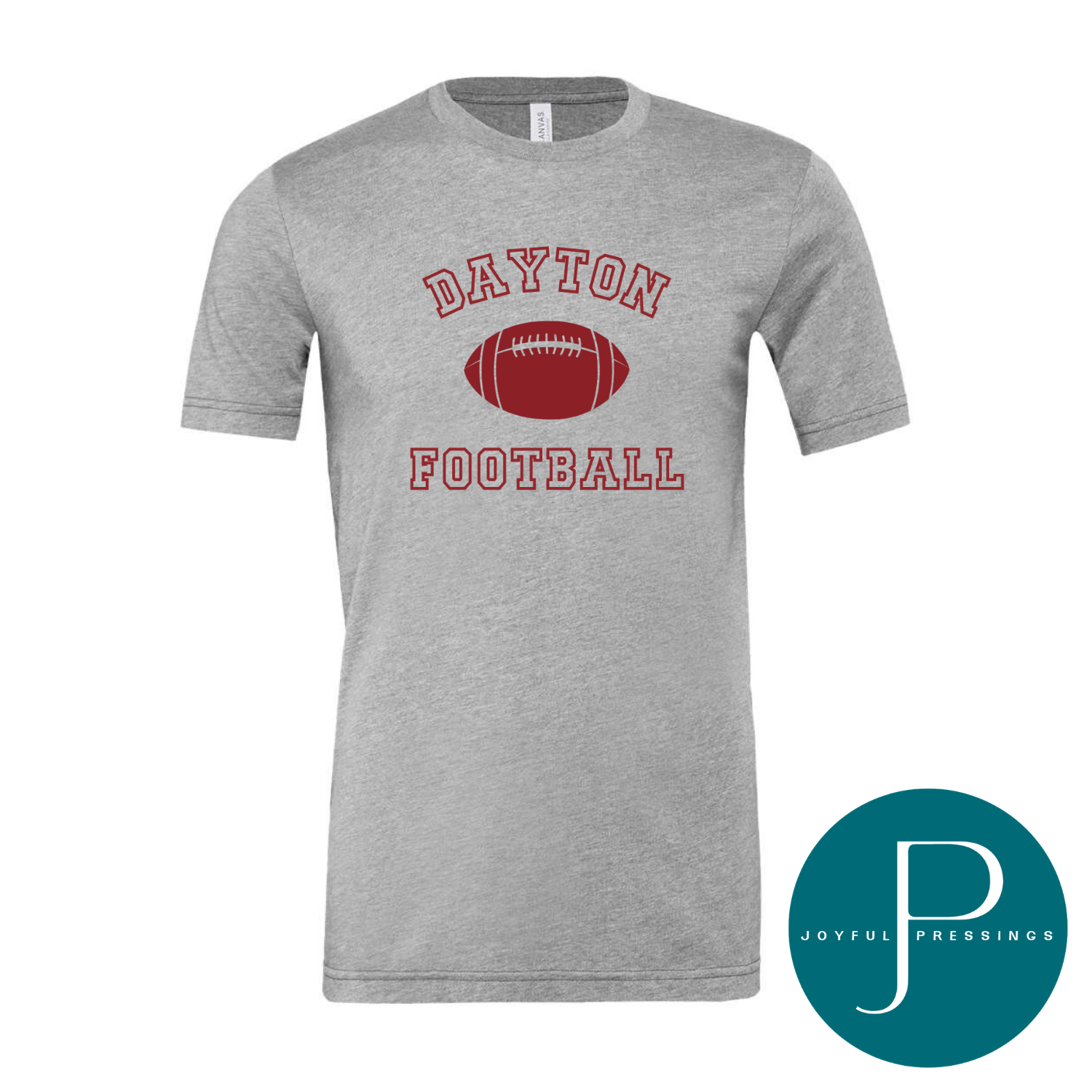 Gray t-shirt with a red football graphic and the words "Dayton Football" in bold collegiate font above and below the football.