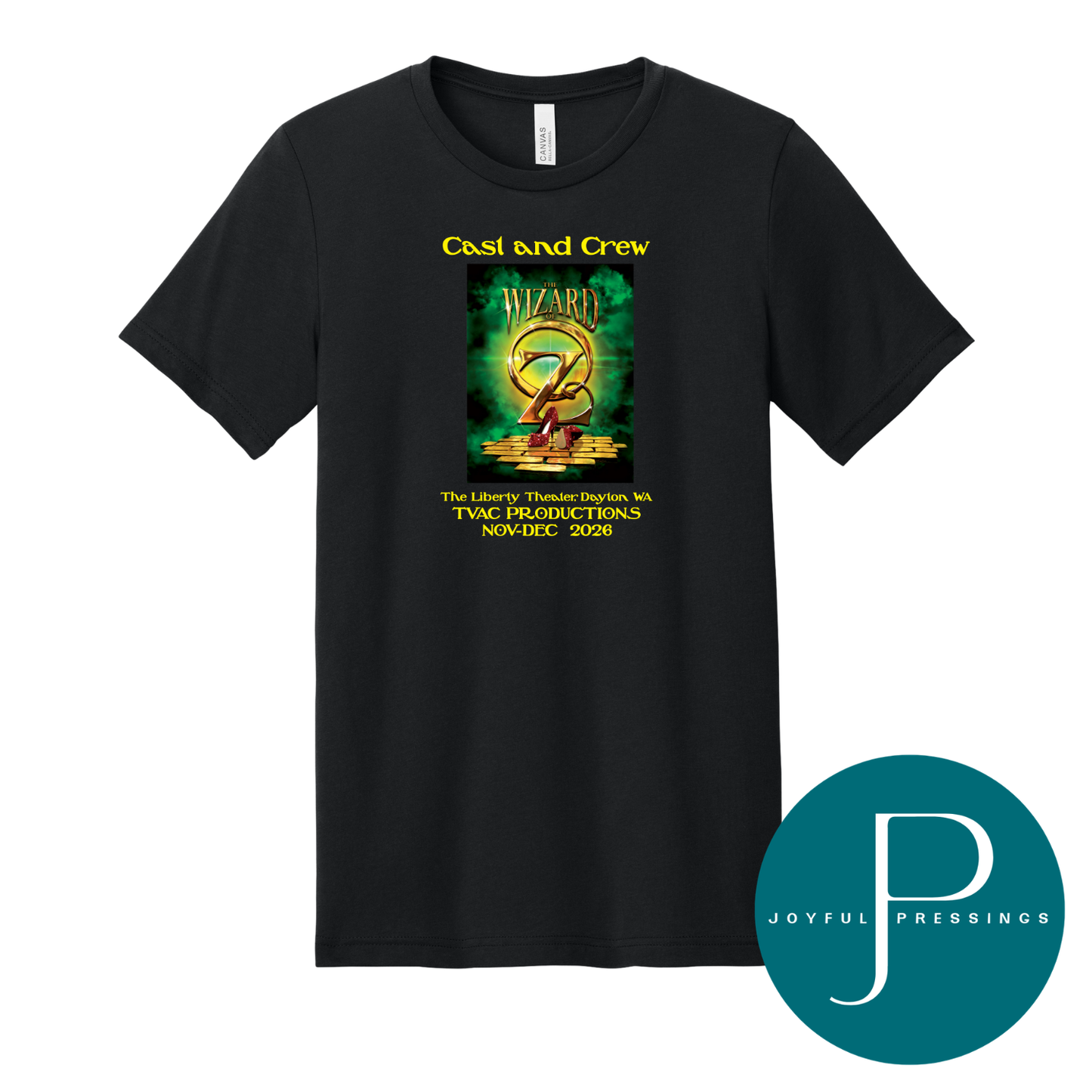 A black short-sleeve crewneck t-shirt featuring a green and gold graphic print on the front with the text 'Cast and Crew' and a 'Wizard' themed design. A teal circular 'Joyful Pressings' logo is overlaid in the bottom right corner.