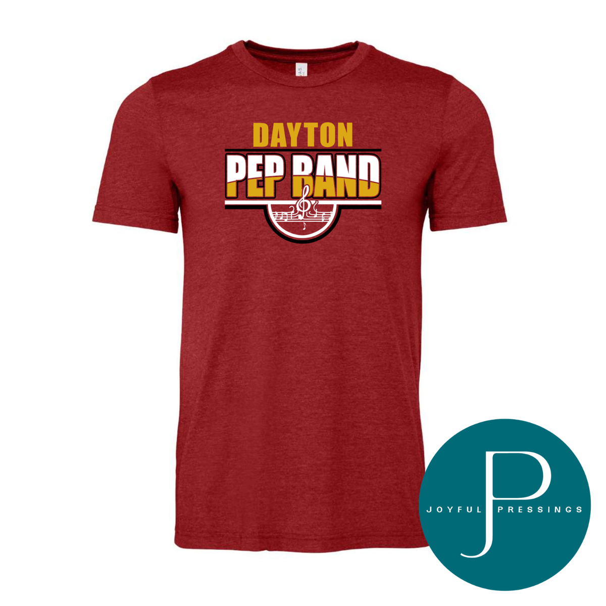 Heather canvas red t-shirt with a gold and white Dayton Pep Band design and music notes on the front
