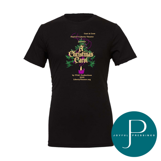 Black Bella + Canvas crew neck t-shirt with the A Christmas Carol 2025 cast and crew logo printed on the front, featuring festive greenery, gold lettering, and a purple candle design.