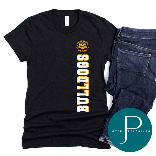 Black t-shirt with 'Bulldogs' design and blue jeans on a white background, featuring the brand 'Joyful Pressings'.