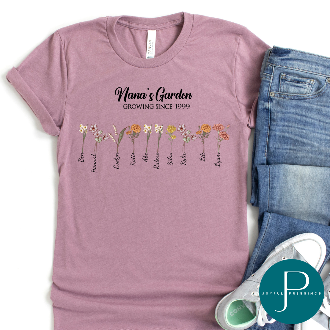 mockup of Nana's Garden tee - orchid