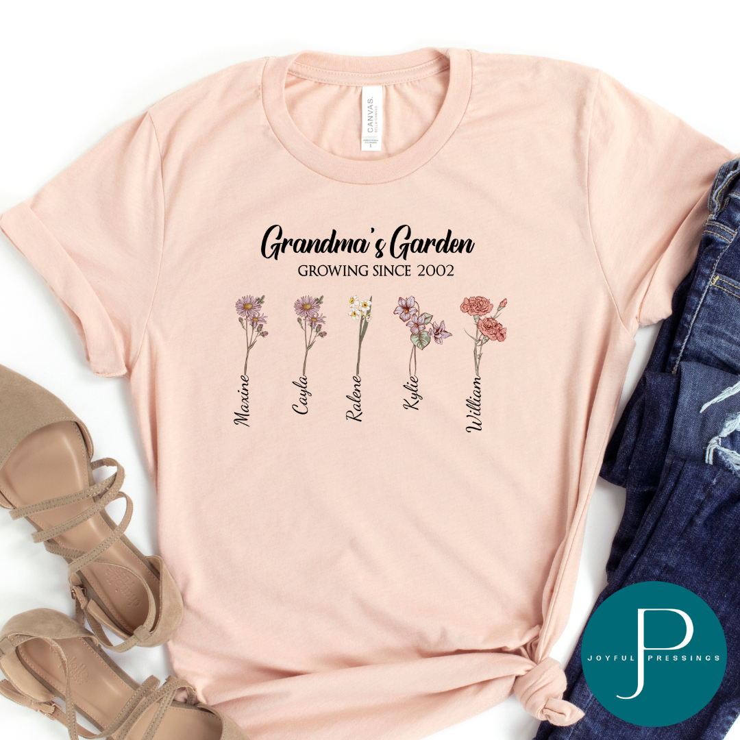 mockup of Nana's Garden tee - peach