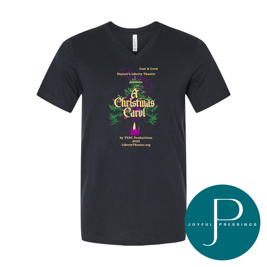 Black Bella + Canvas v-neck t-shirt with the A Christmas Carol 2025 cast and crew logo printed on the front, decorated with festive greenery, gold lettering, and a purple candle design.