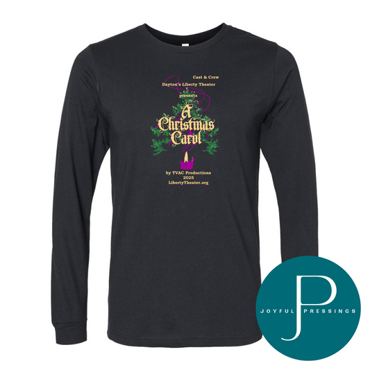 Black Bella + Canvas long sleeve crew neck t-shirt with the A Christmas Carol 2025 cast and crew logo printed on the front, featuring festive greenery, gold lettering, and a purple candle design.