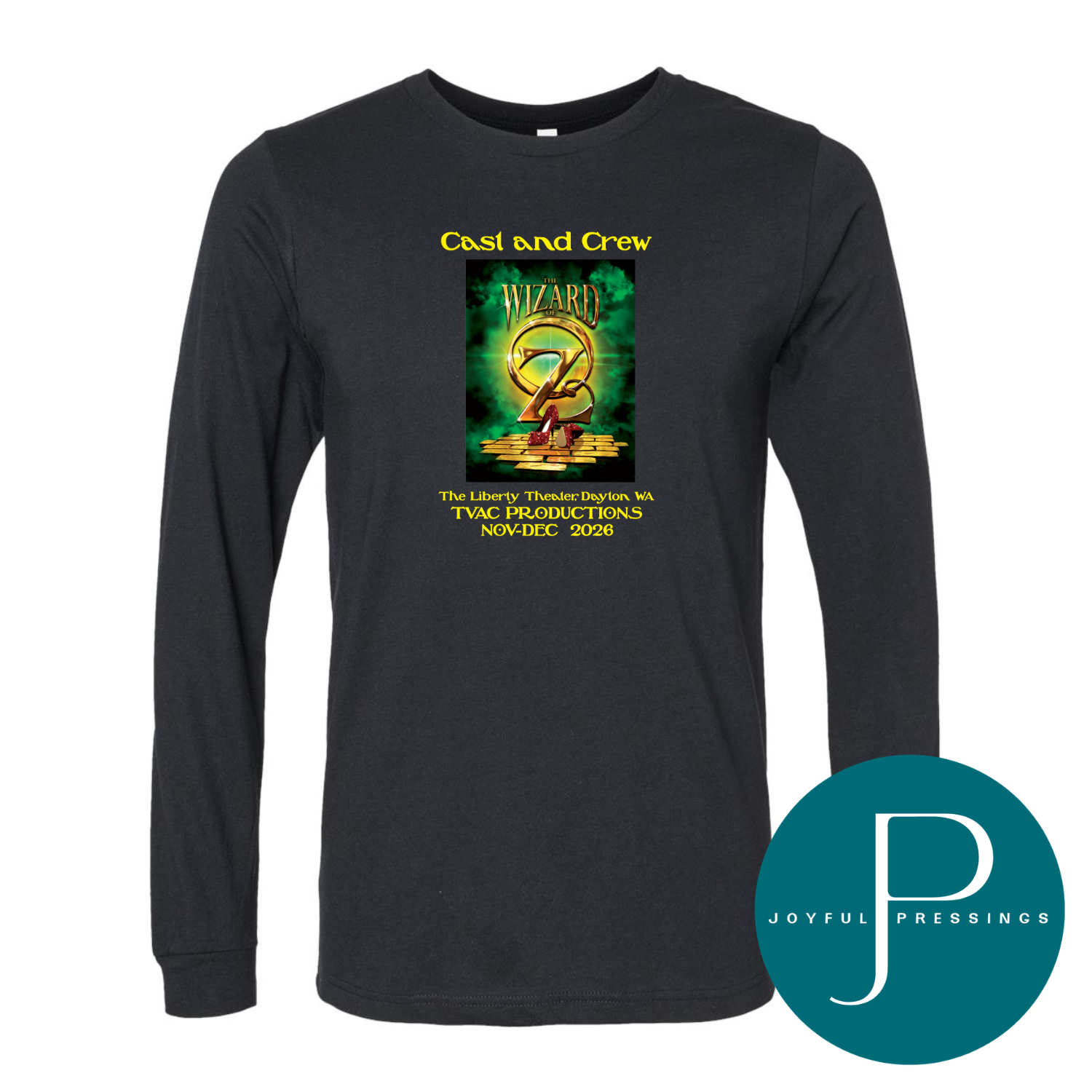 A black long-sleeve t-shirt with a graphic print on the front. The graphic features a green and gold book cover design with the text 'Cast and Crew' above it and 'The Library: Thomas Edison St.