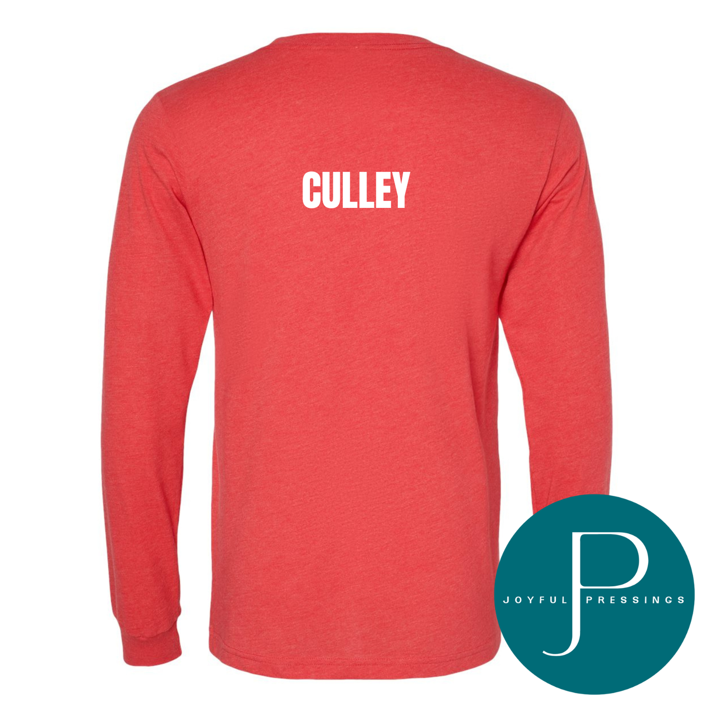 Red long-sleeve shirt with name printed on the back, featuring the Joyful Pressings logo.
