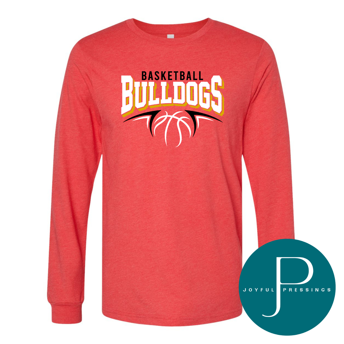 Red long-sleeve shirt with 'Basketball Bulldogs' design on a white background, featuring the Joyful Pressings logo.