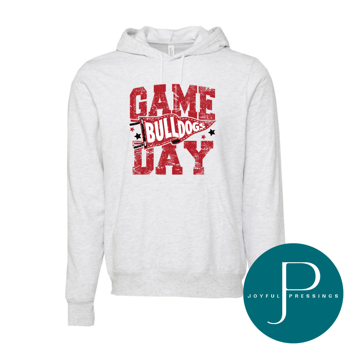 Ash heather Bella + Canvas hoodie with a distressed red Game Day design and a Bulldogs pennant across the chest