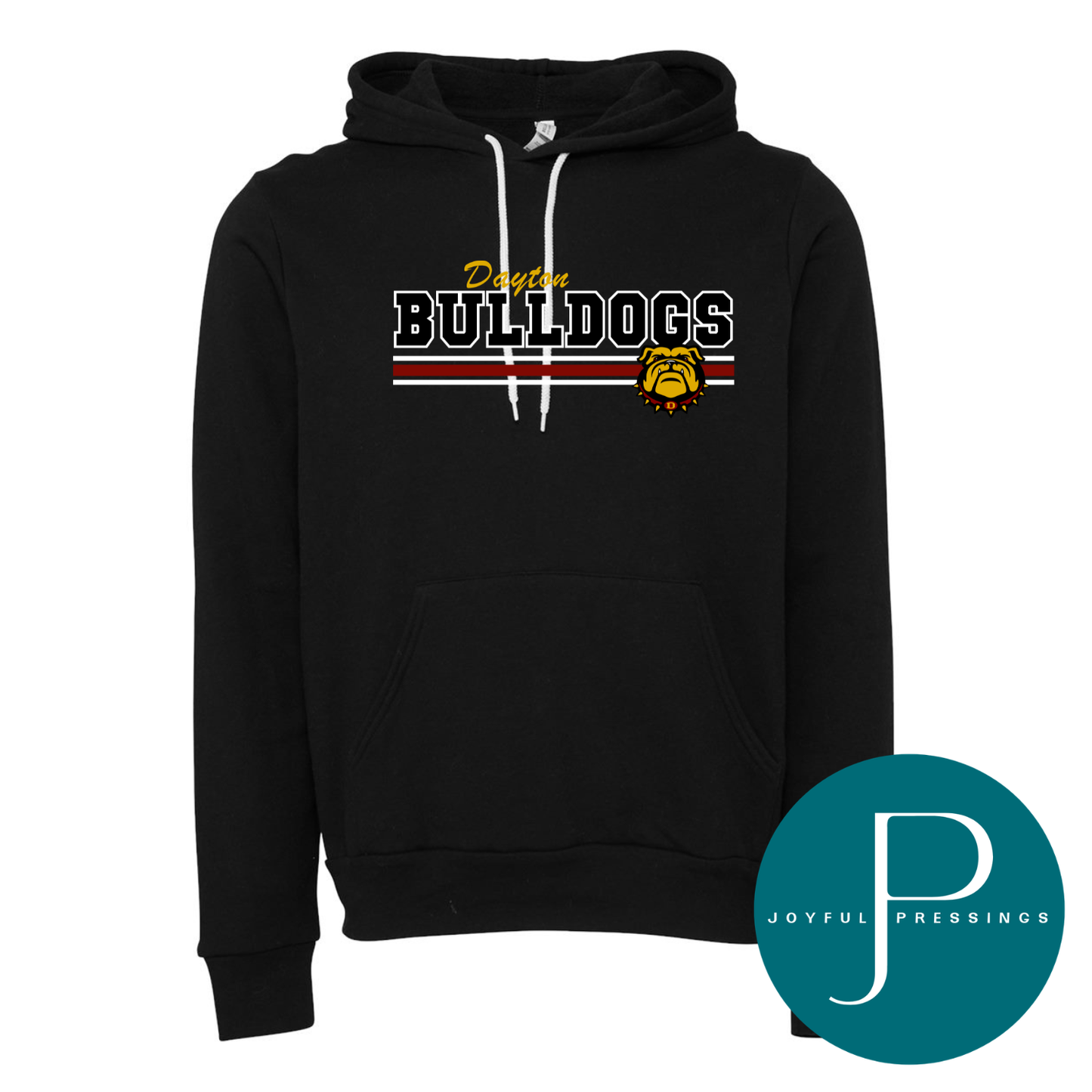 Black hoodie with 'Dayton Bulldogs' text and logo on a white background, featuring the Joyful Pressings logo.