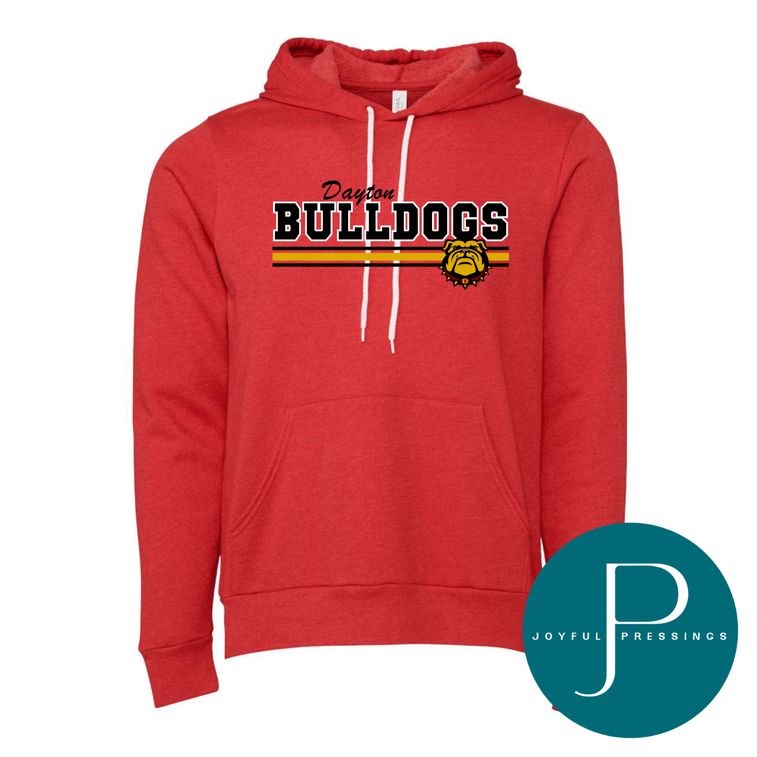 Red hoodie with 'Bulldogs' text and logo on a white background, featuring the Joyful Pressings logo.