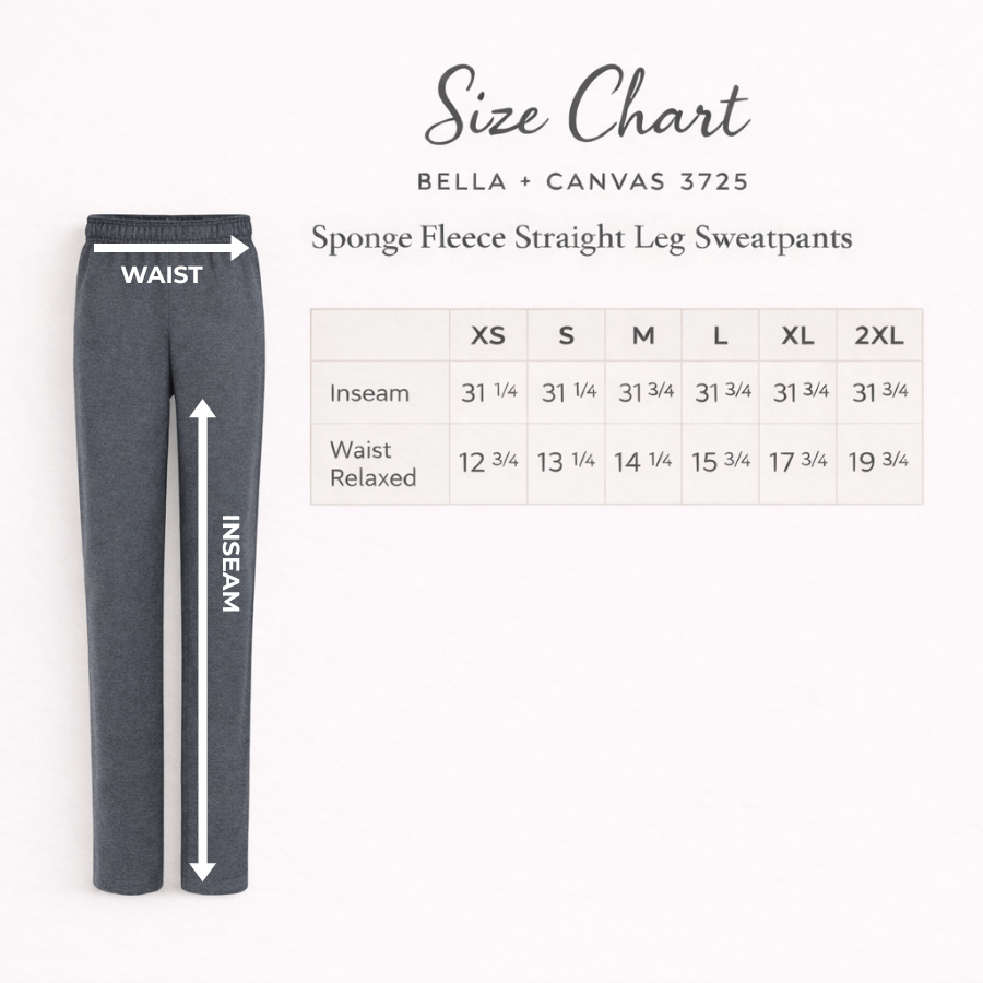 Size chart for Sponge Fleece Straight Leg Sweatpants with a gray sweatpants on a white background.