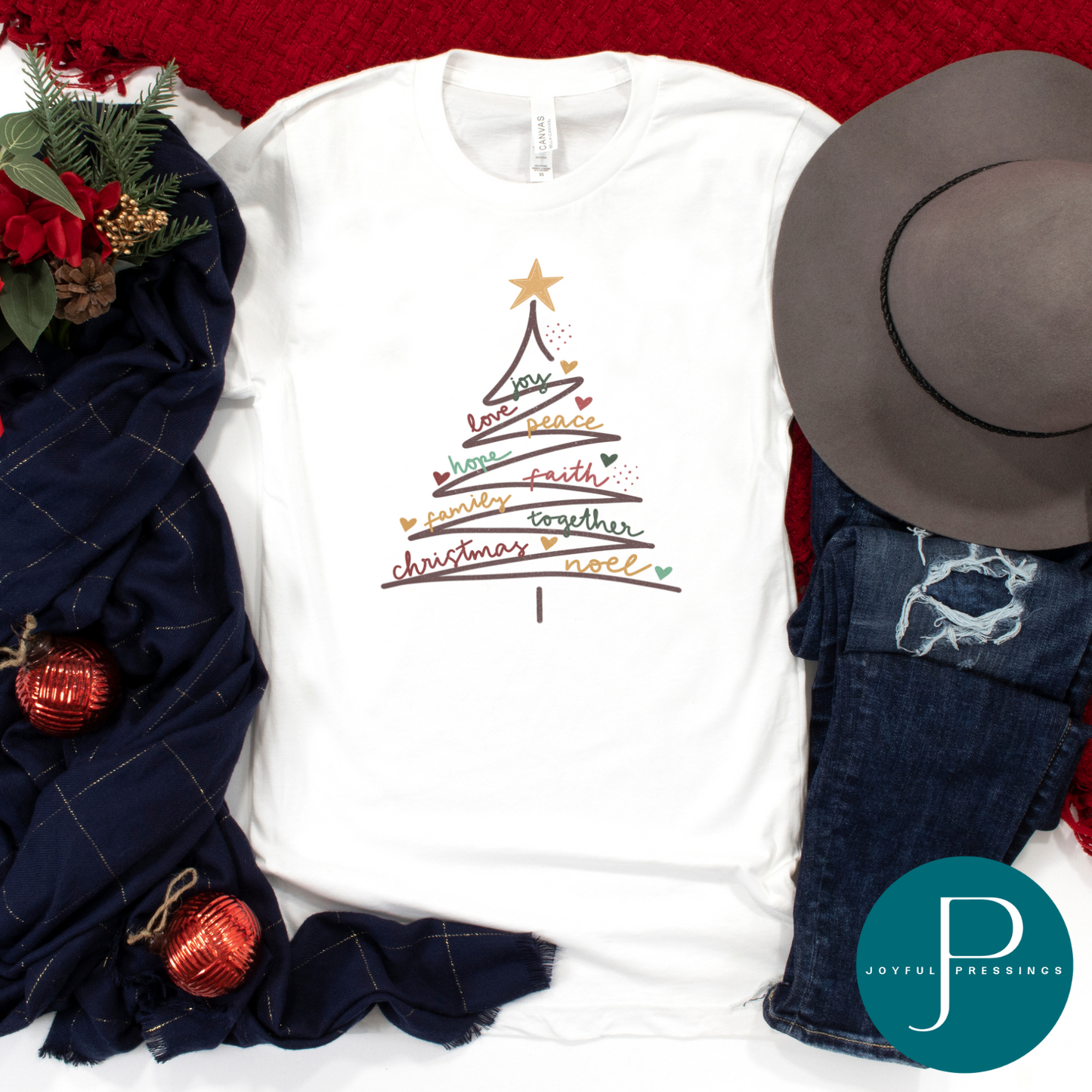 flatly of Christmas Tree print on a white crew neck tee