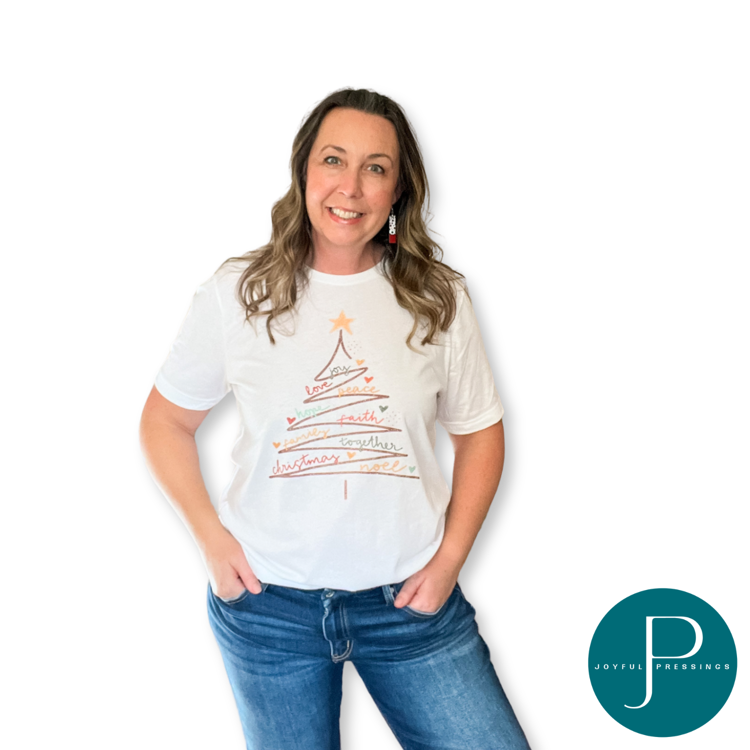 model wearing Christmas Tree print on a white crew neck tee