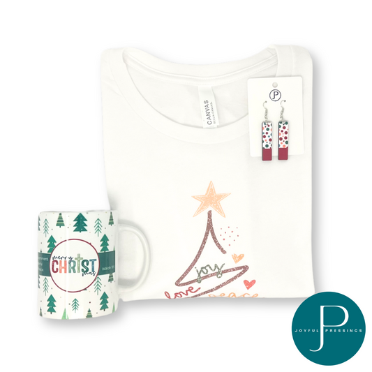 Christmas Tree Bundle: t-shirt, earrings, mug
