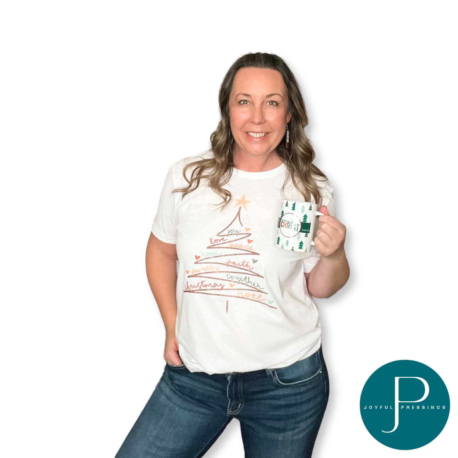model showcasing Christmas Tree Bundle: t-shirt, earrings, mug