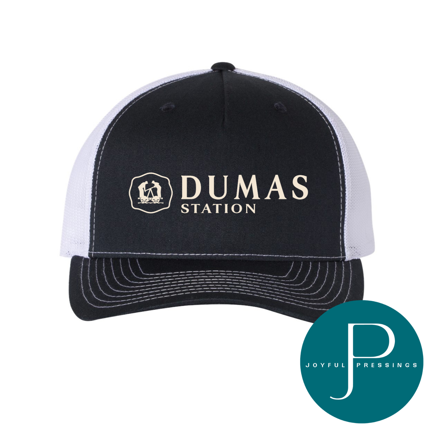 Navy blue and white cap with 'Dumas Station' logo on a white background, featuring the Joyful Pressings logo.