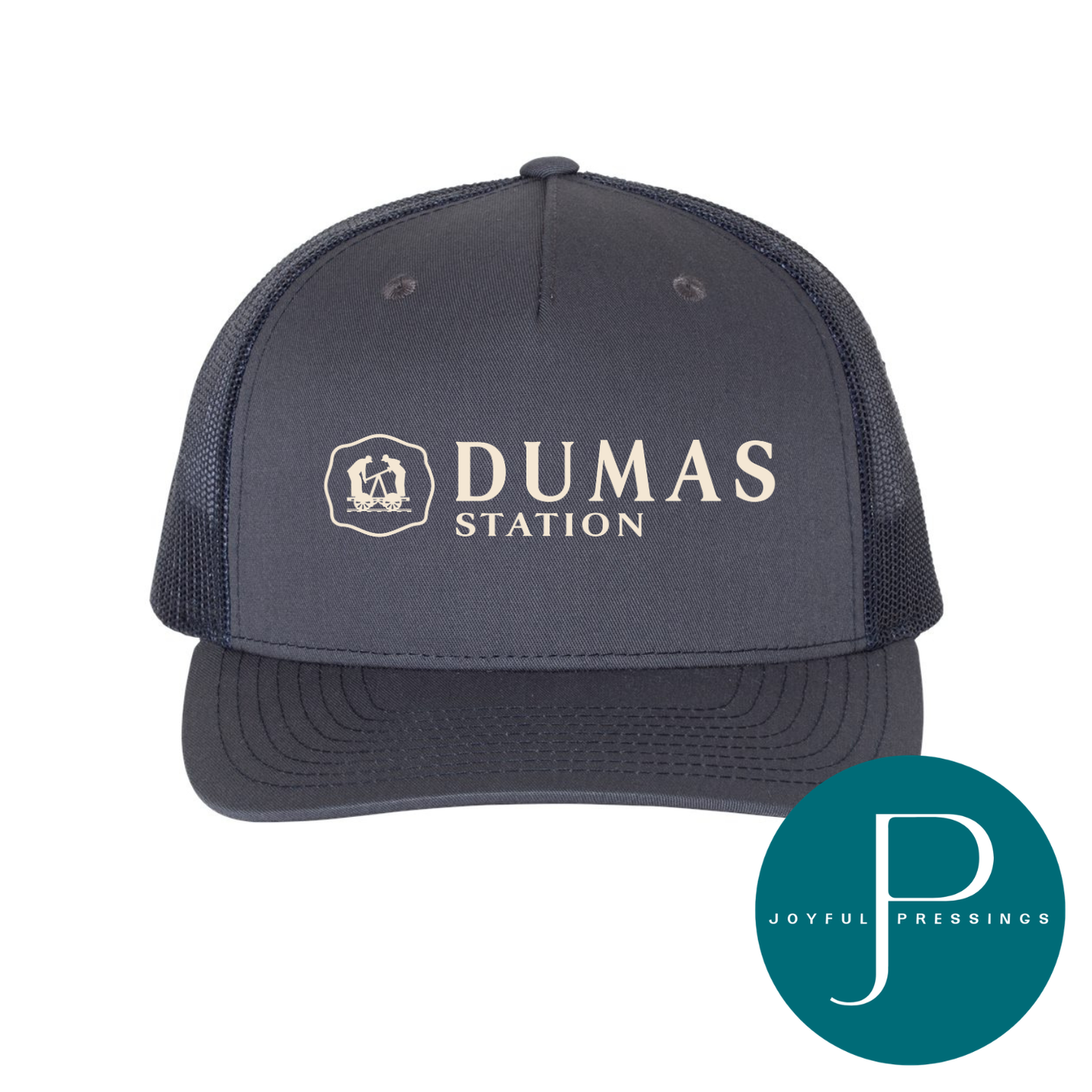 Ombre blue cap with 'Dumas Station' logo on a white background, featuring the Joyful Pressings logo.