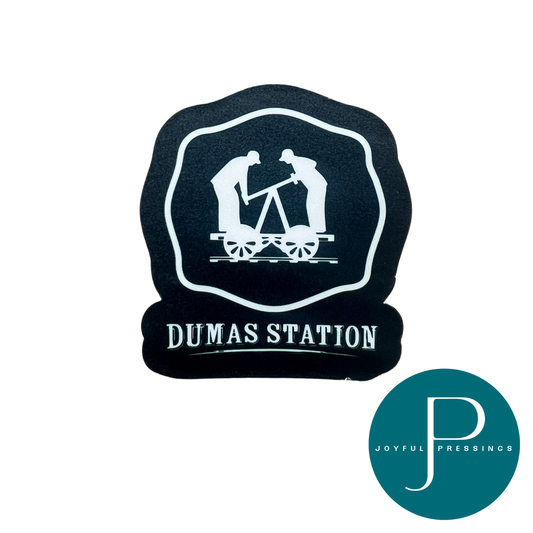 black and white dumas station sticker featuring railroad workers and joyful pressings logo