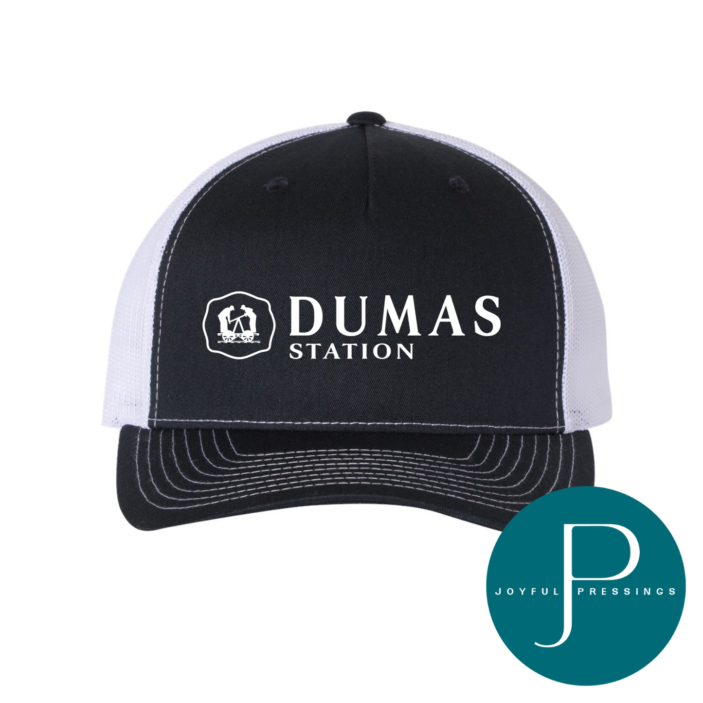 Navy blue and white cap with 'Dumas Station' logo on a white background, featuring the Joyful Pressings logo.