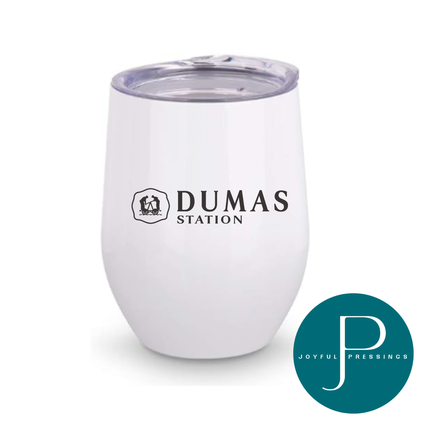 White insulated tumbler with 'Dumas Station' logo on a white background