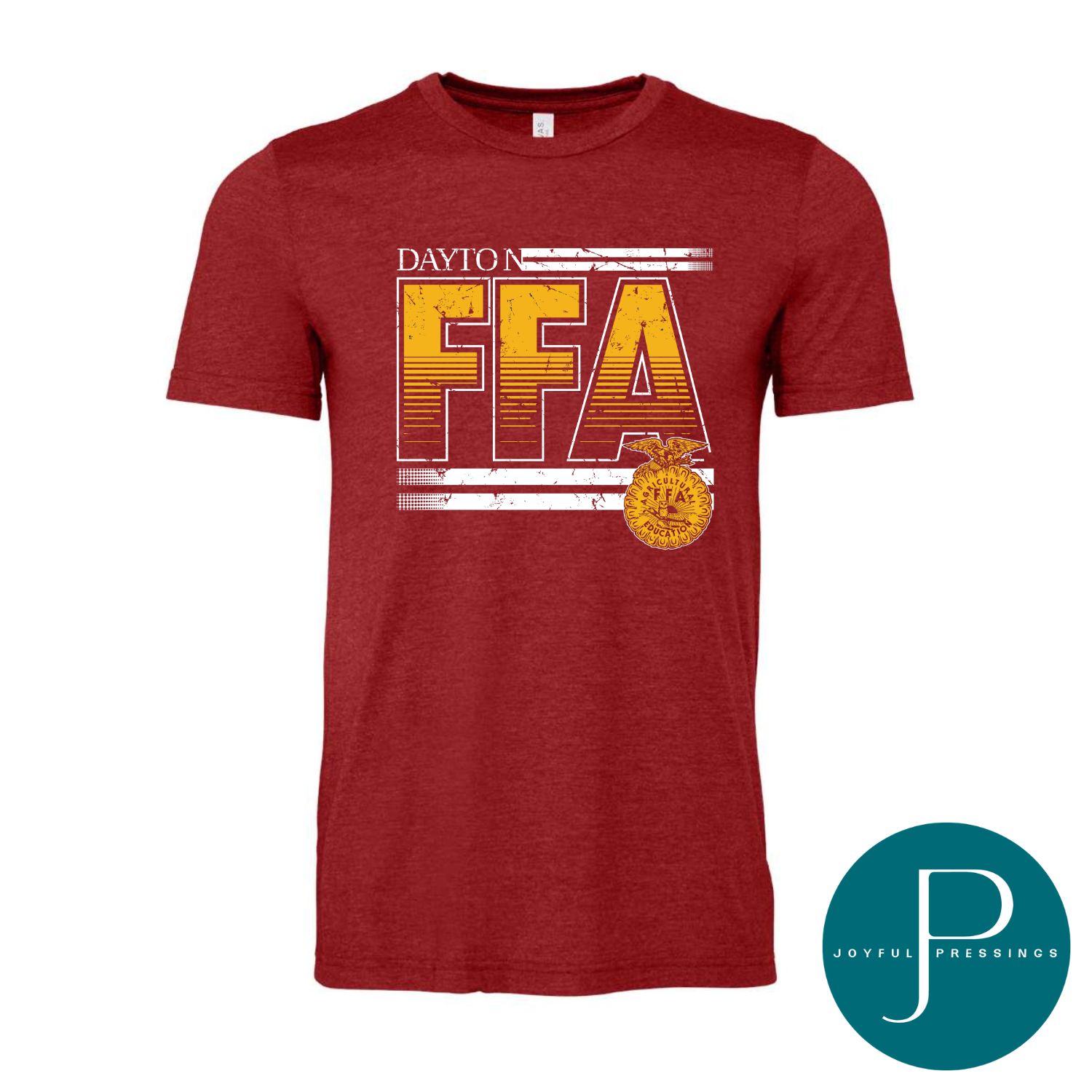 Front mockup of Dayton FFA t-shirt on a heather canvas red tee.