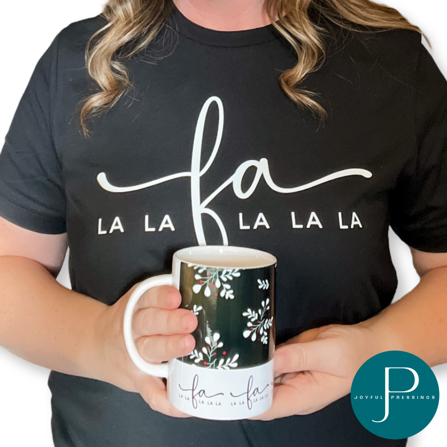 model holding black and white fa La La mug