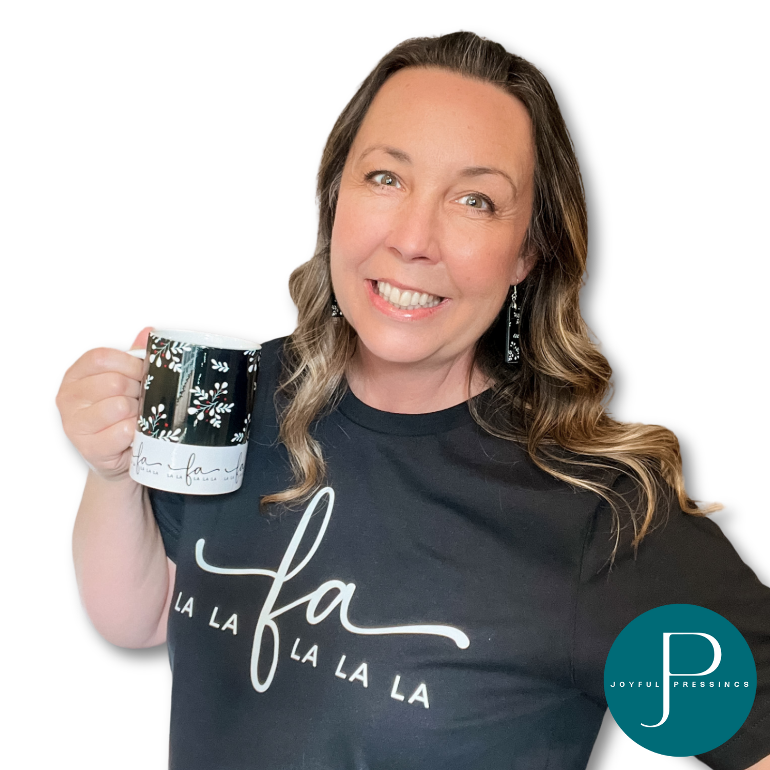 model featuring Fa La La bundle: t-shirt, earrings, mug