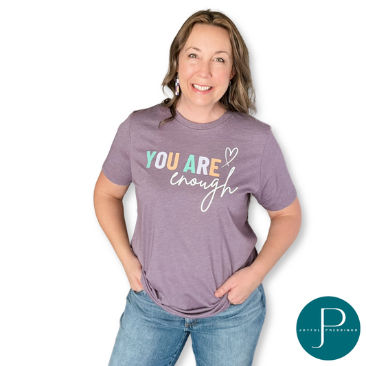 Model wearing You Are Enough purple tee.