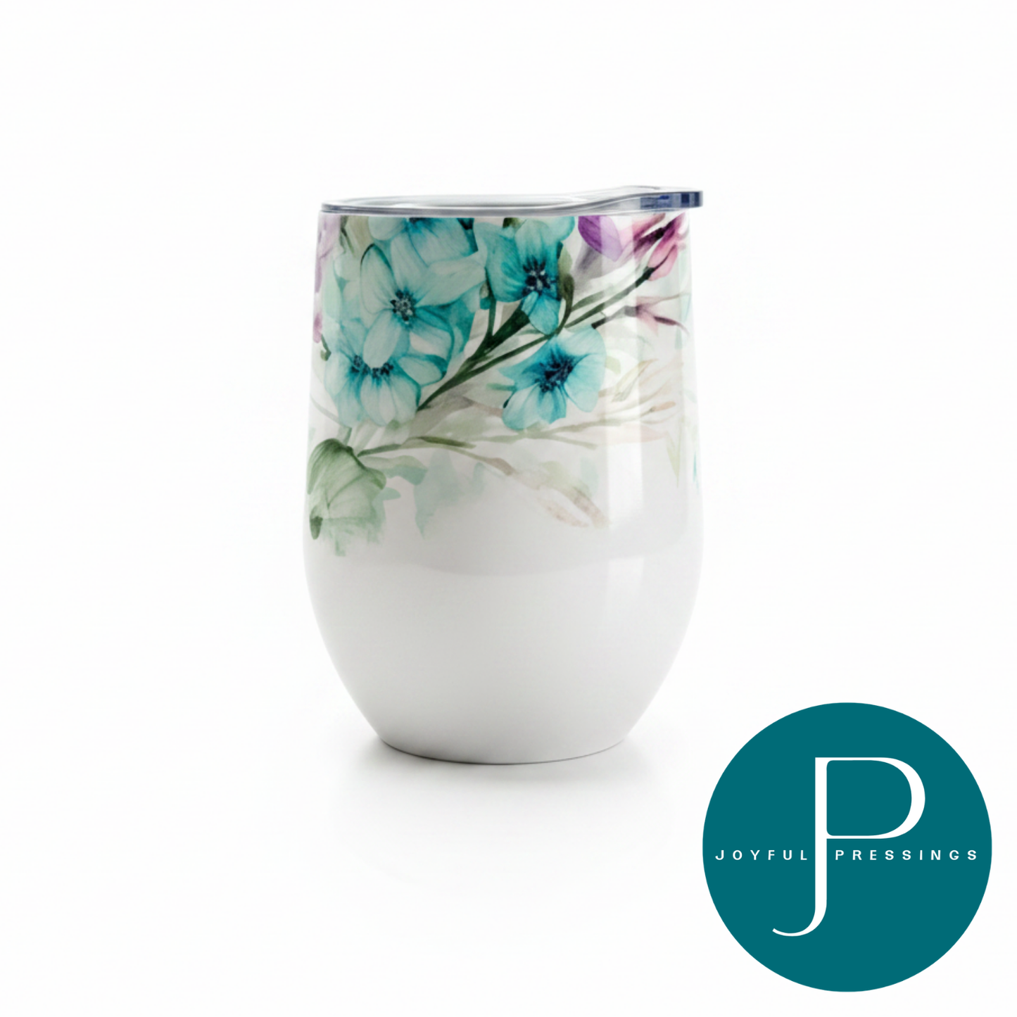 Floral-patterned tumbler with 'Joyful Pressings' logo on a white background