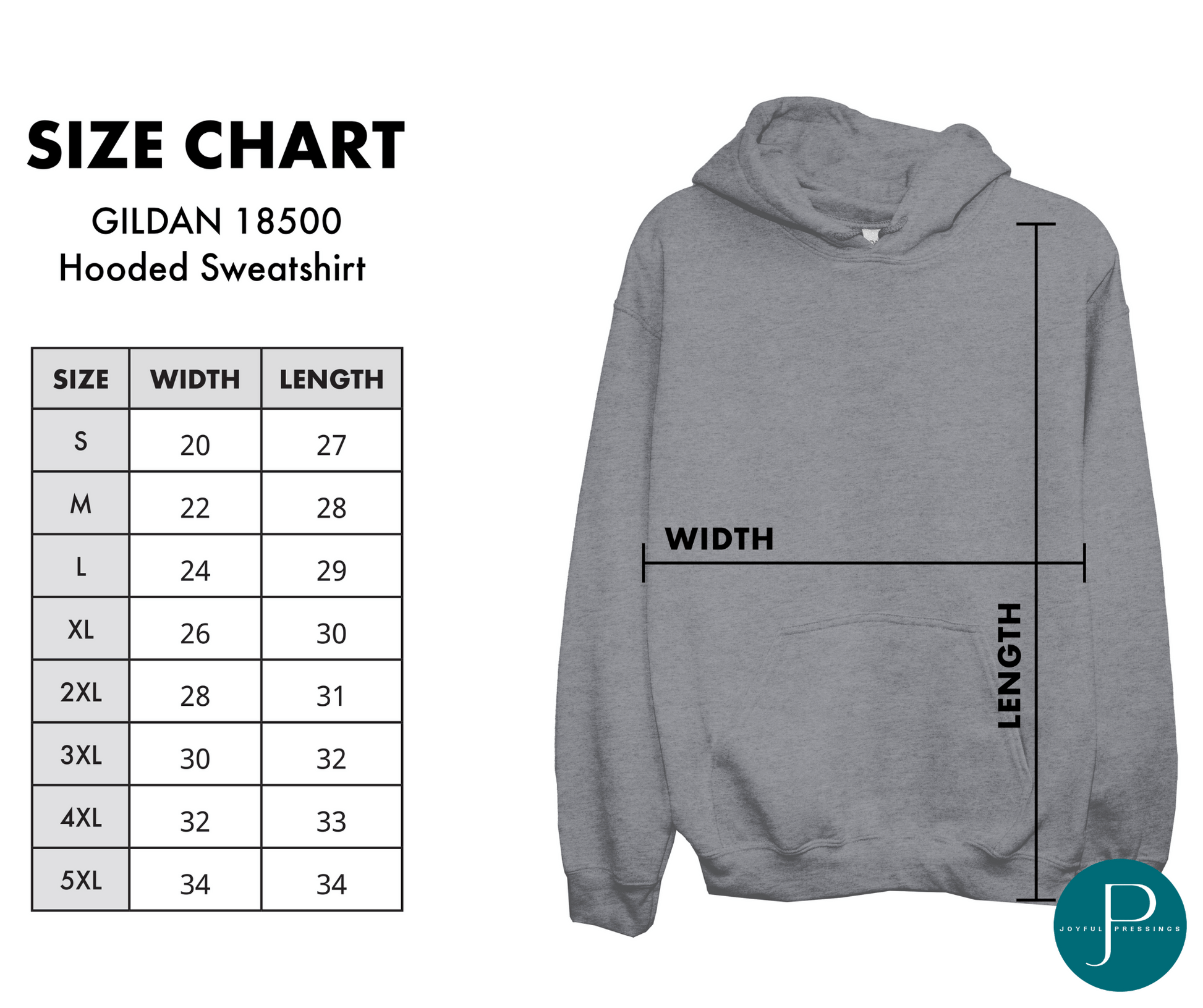 Gray Gildan 18500 hooded sweatshirt with size chart on a white background